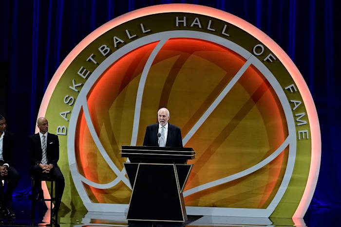 Gregg Popovich gives his speech as he is inducted into the 2023 Basketball Hall of Fame at Symphony Hall. Mandatory Credit: Eric Canha-USA TODAY Sports